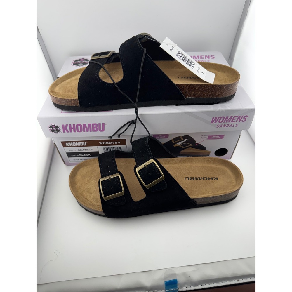 Khombu Ashville Sandals Women 9 Black NWT Suede Two Strap Buckle Cork Slides